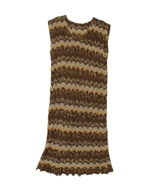 VINTAGE Womens Sleeveless Jumper Dress UK 16 Large Brown Chevron