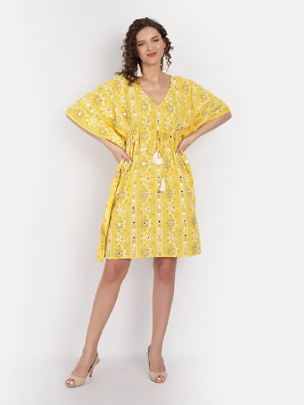 Lime Embroidery Kaftan Dress with waist Tie Up