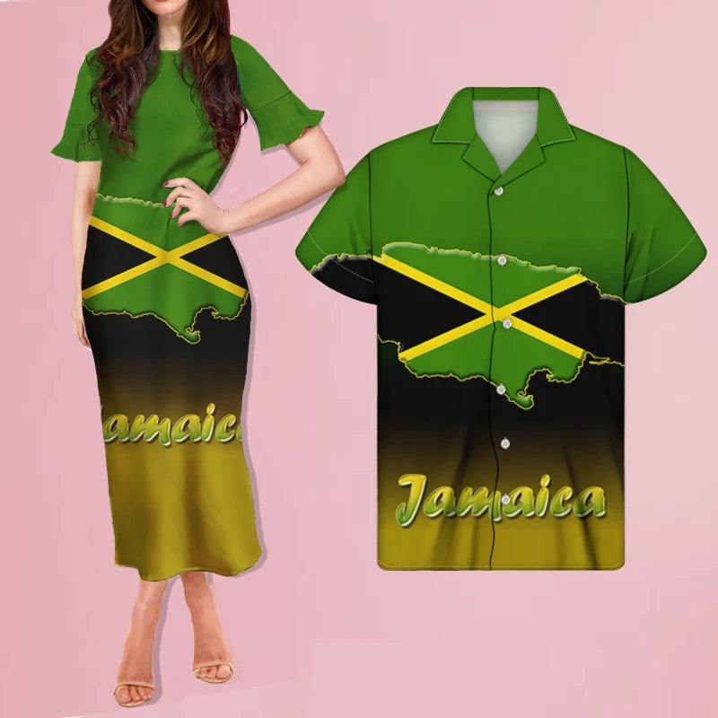 Noisydesigns Couple 2pcs Set Jamaica Flag Print Mens Casual Shirts Match Harajuku Women Ruffle Bodycon Short Sleeve Long Dress Noisydesigns Couple 2pcs Set Jamaica Flag Print Mens Casual Shirts Match Harajuku Women Ruffle Bodycon Short Sleeve Long Dress