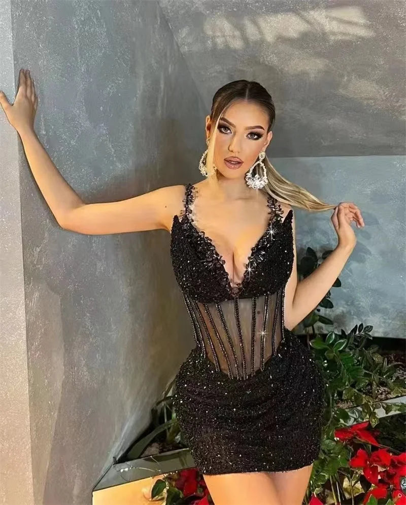 Black Color Women Sleeveless Sexy V-Neck Bodycon Mini Sequins Dress Nightclub Party Celebrate Fashion Birthday Dress Black Color Women Sleeveless Sexy V-Neck Bodycon Mini Sequins Dress Nightclub Party Celebrate Fashion Birthday Dress