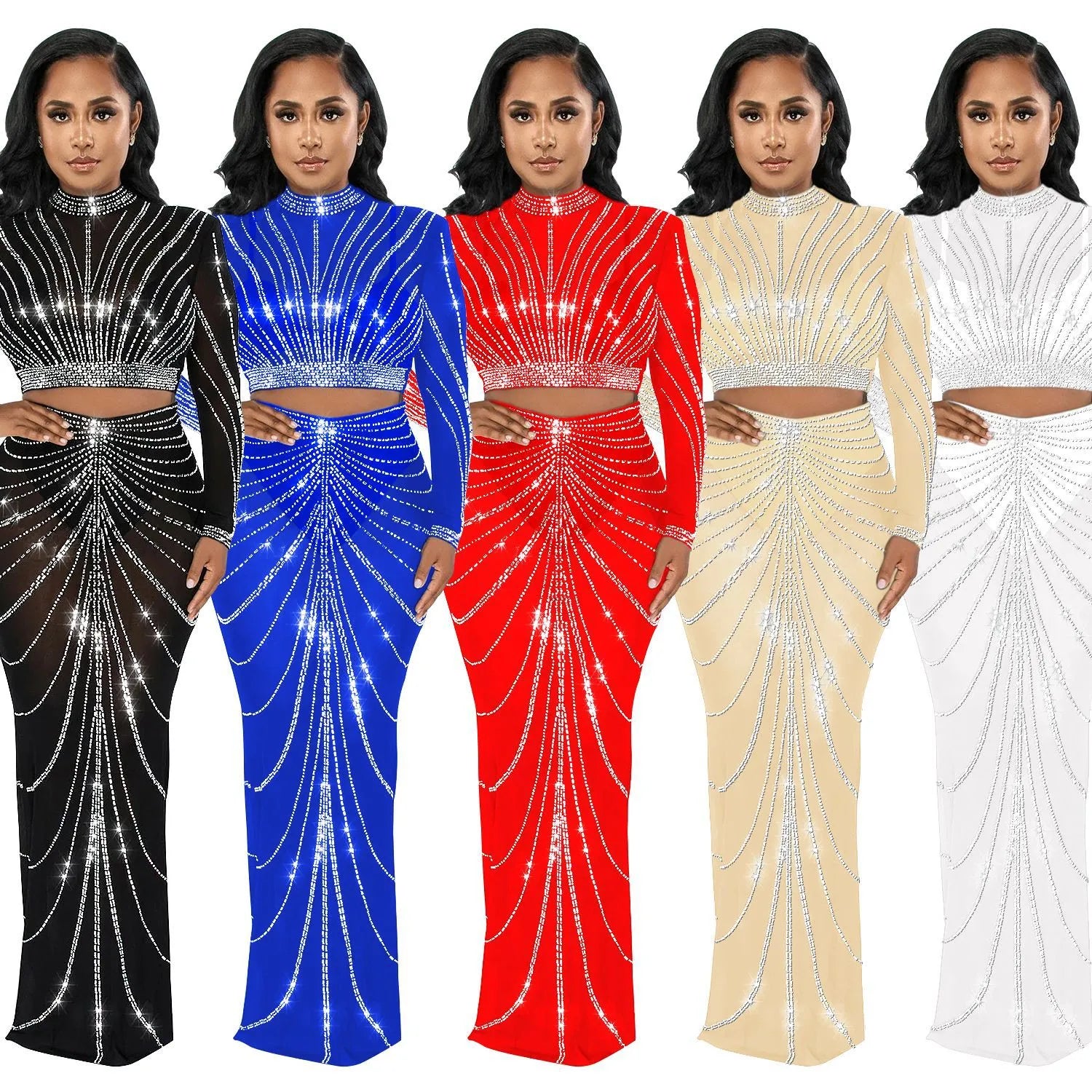EINYOO Fashion Women's Mesh Long Sleeve Rhinestone Bodycons Prom Formal Perspective Long Dresses Two Piece Sets Traf Zevity Y2K EINYOO Fashion Women's Mesh Long Sleeve Rhinestone Bodycons Prom Formal Perspective Long Dresses Two Piece Sets Traf Zevity Y2K