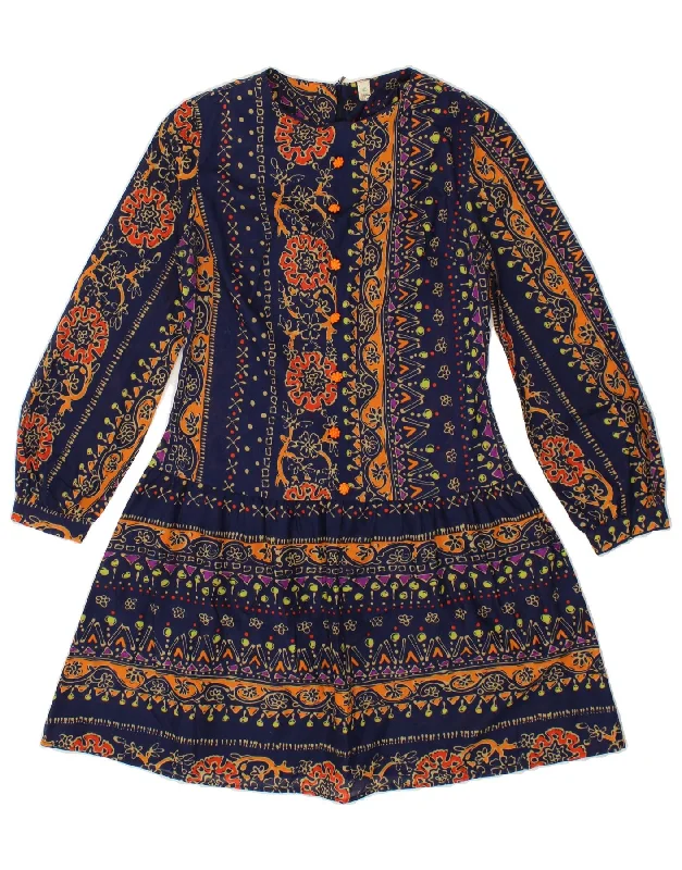 VINTAGE Womens Long Sleeve A-Line Dress IT 40 Small Navy Blue Floral