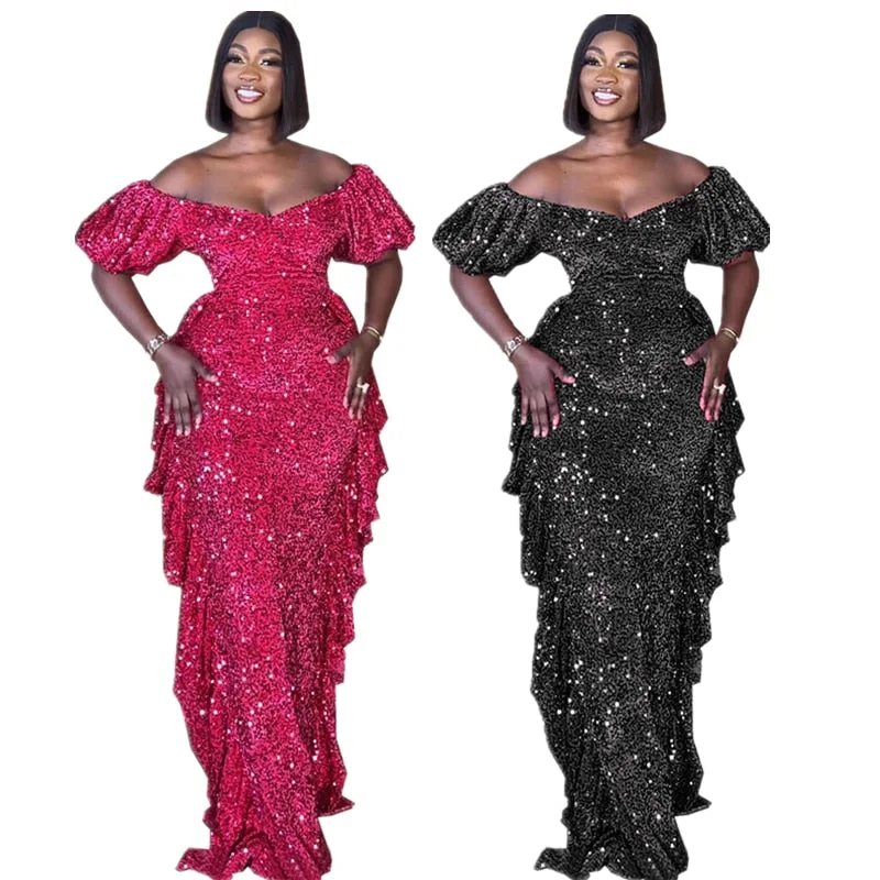 Off Shoulder Sequin Sexy Formal Party Long Dresses Women Bodycon Tiered Ruffle Elegant Evening Mix Dress NightClub Prom Gowns Off Shoulder Sequin Sexy Formal Party Long Dresses Women Bodycon Tiered Ruffle Elegant Evening Mix Dress NightClub Prom Gowns