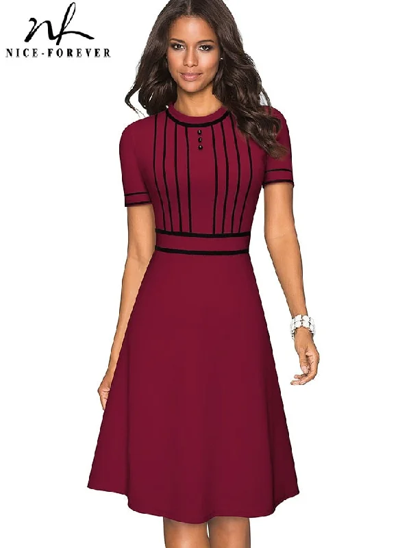 Nice-forever Summer Vintage Contrast Color Patchwork Elegant Dresses Business Formal Flare Swing Women Dress A245 Nice-forever Summer Vintage Contrast Color Patchwork Elegant Dresses Business Formal Flare Swing Women Dress A245