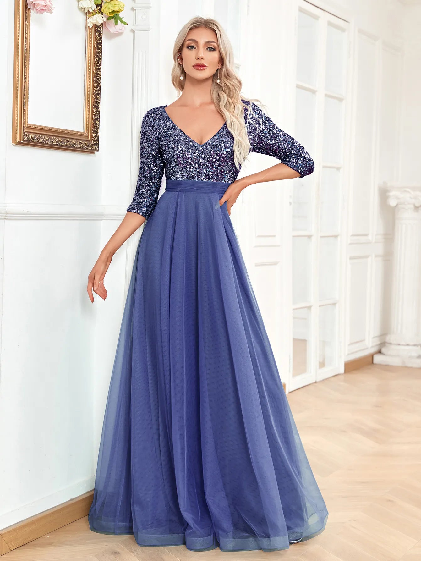 XUIBOL Elegant V-Neck Long Sequin Blue Evening Dress 2023 Women Mermaid Formal Dress Long Sleeves Wedding Party Maxi Prom Dress XUIBOL Elegant V-Neck Long Sequin Blue Evening Dress 2023 Women Mermaid Formal Dress Long Sleeves Wedding Party Maxi Prom Dress