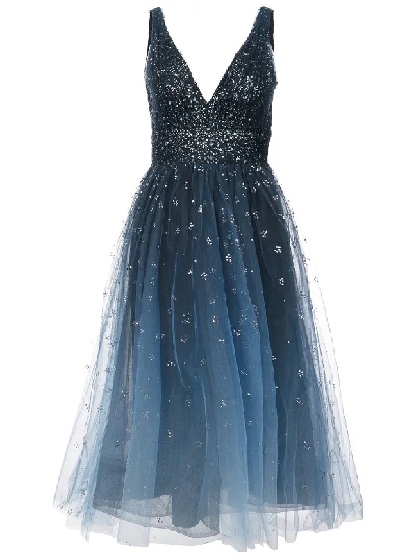 plunge neck midi foil dress
