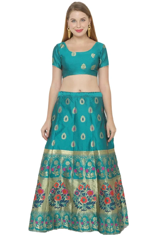 Art Silk Foil Print Lehenga Choli Dress Material In Turquoise And Pink