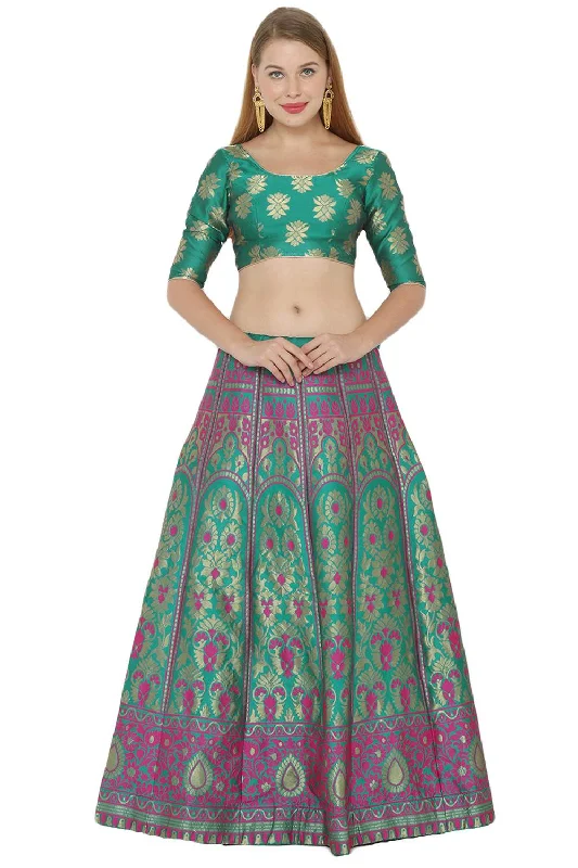 Art Silk Foil Print Lehenga Choli Dress Material In Turquoise And Pink