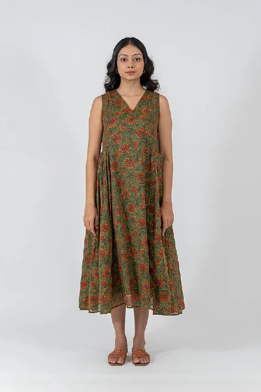 Cotton Hand Blocked Printed Dress - Green