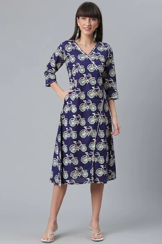 Cotton Abstract Printed Dress In Navy Blue