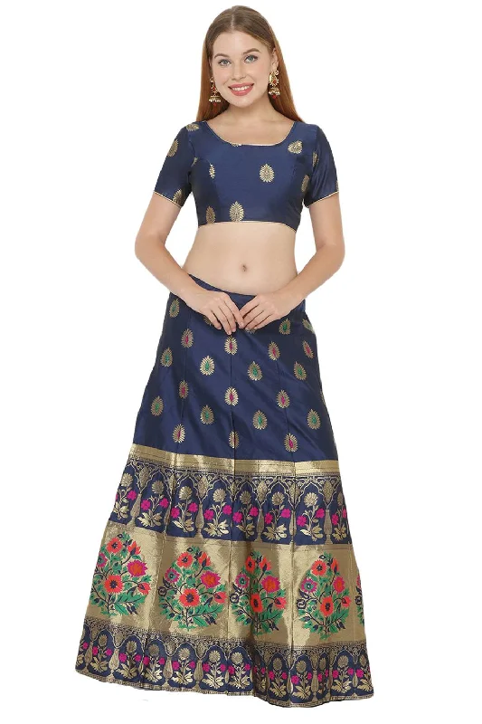 Art Silk Foil Print Lehenga Choli Dress Material In Navy Blue