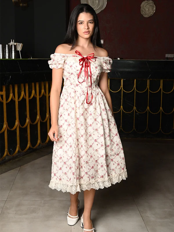 Odette Beige Cotton Printed Dress For Women