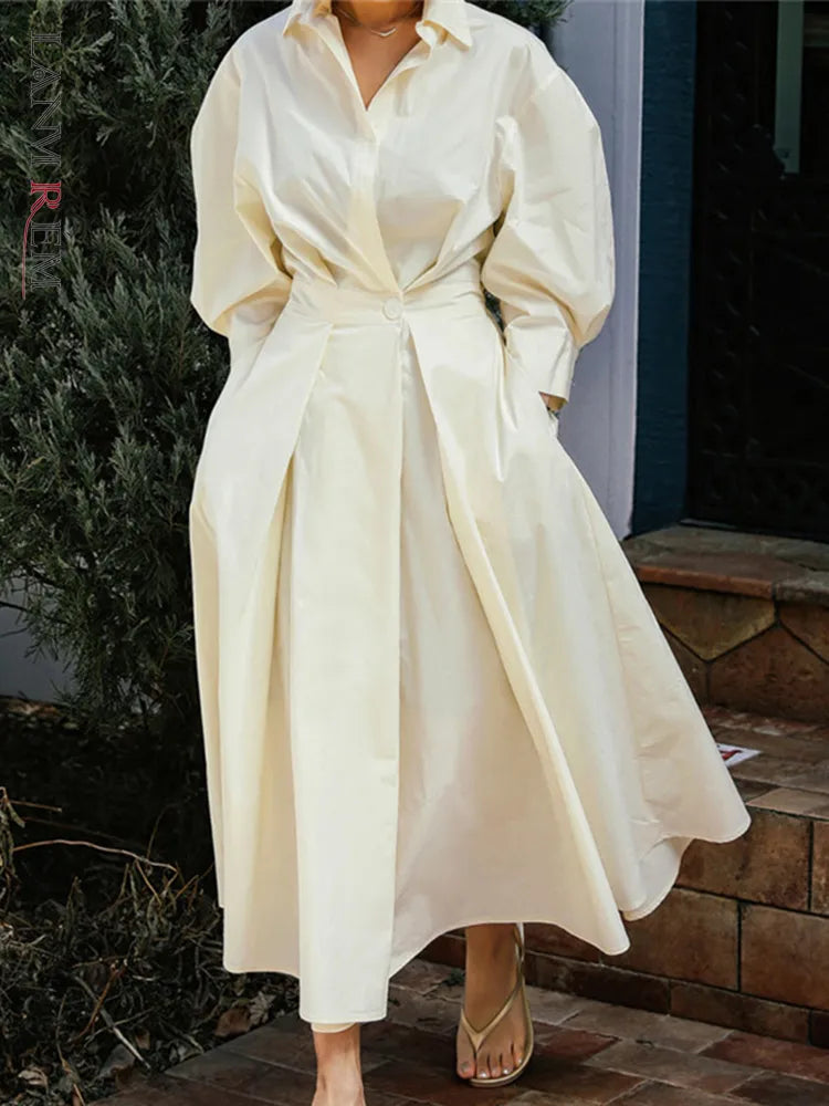 LANMREM Korean Dress For Women Lapel Single Button Long Sleeves Designer Dresses Spliced Female Clothing 2023 New 2YA1422 LANMREM Korean Dress For Women Lapel Single Button Long Sleeves Designer Dresses Spliced Female Clothing 2023 New 2YA1422