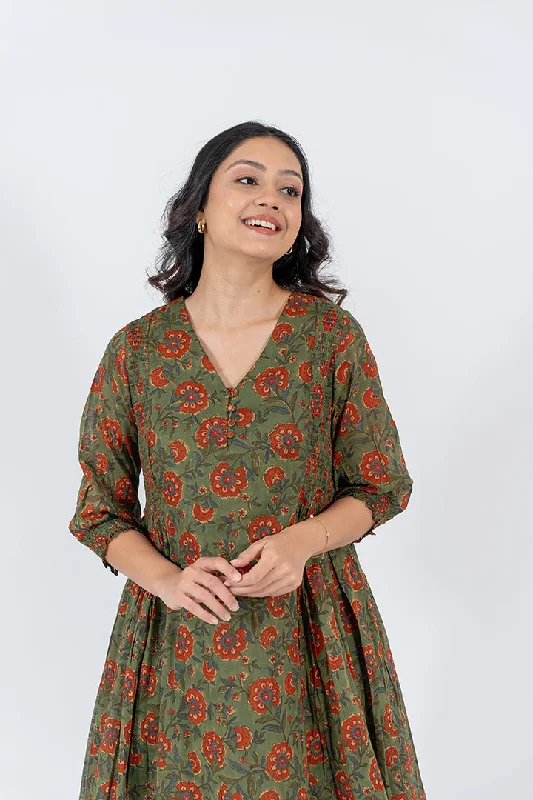 Cotton Hand Blocked Printed Dress - Green