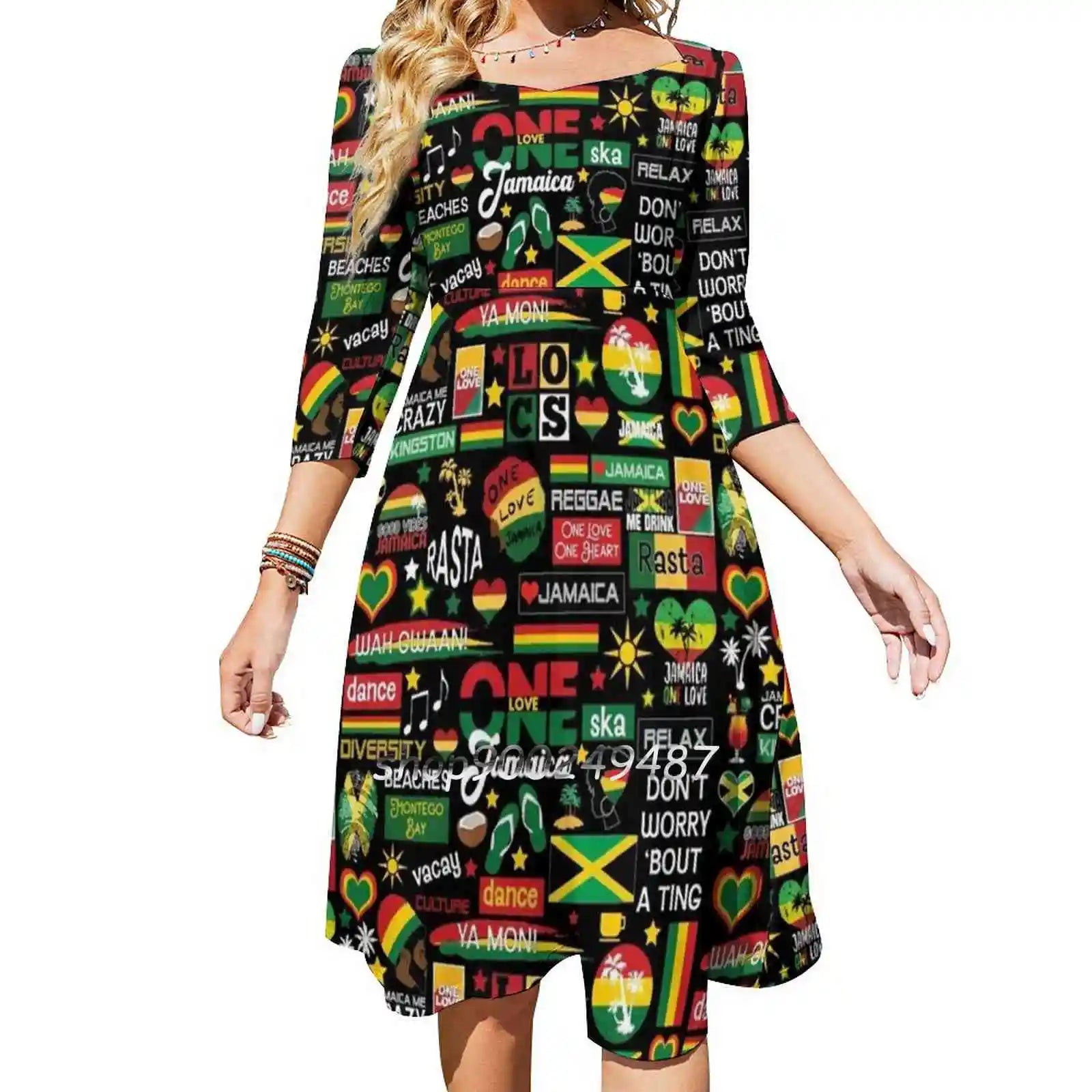 Jamaica One Love Culture Pattern Square Neck Dress Sweet Summer Dress Women Elegant Halter Print Dress Jamaica Bundle One Love Jamaica One Love Culture Pattern Square Neck Dress Sweet Summer Dress Women Elegant Halter Print Dress Jamaica Bundle One Love