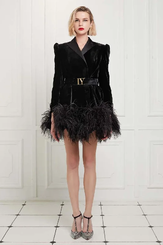 Ostrich Feather Embellished Silk Velvet Mini Trench Dress