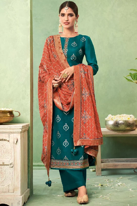 Dola Art Silk Embroidered Suit Set Dress Material In Teal