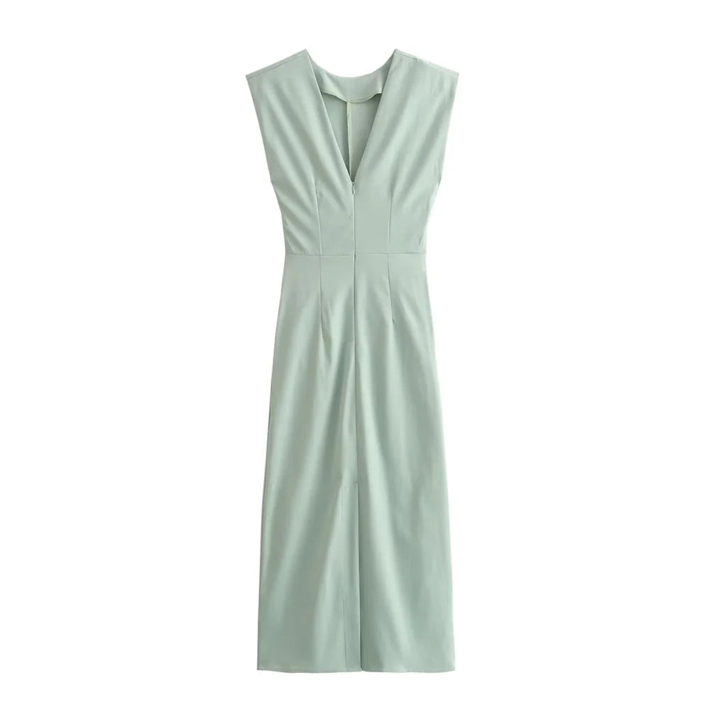 2024 Zarb Spring/Summer New Women's Sweet and Elegant Round Neck Sleeveless Back Split Folded Waist Dress