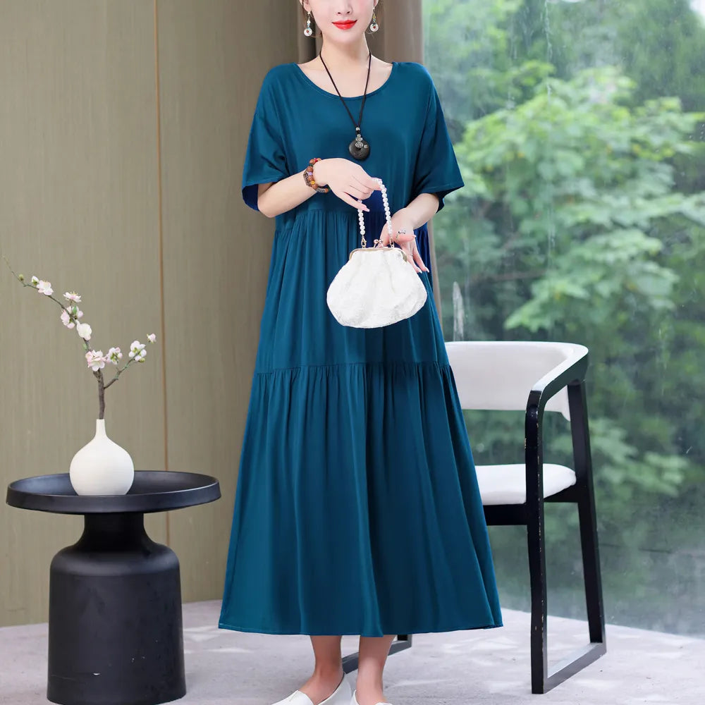 New Fashion 2023 Causal Summer Dresses For Women Loose Solid Long O-neck Dress Vintage Short Sleeve Womens Clothing New Fashion 2023 Causal Summer Dresses For Women Loose Solid Long O-neck Dress Vintage Short Sleeve Womens Clothing