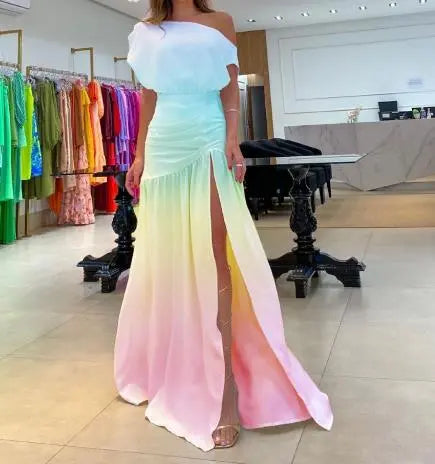 Street Trendsetter Off-The-Shoulder Short-Sleeved Slit Floor Mopping Resort Dress Female Elegant French Retro Sweet Long Dresses Street Trendsetter Off-The-Shoulder Short-Sleeved Slit Floor Mopping Resort Dress Female Elegant French Retro Sweet Long Dresses