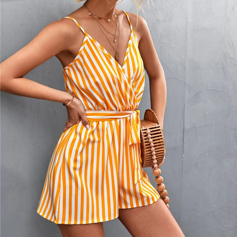 Casual Sleeveless Sashes Belt Dress Summer Sexy V-neck Suspender Jumpsuit Women Fashion Backless Yellow Striped Dresses Vestidos Casual Sleeveless Sashes Belt Dress Summer Sexy V-neck Suspender Jumpsuit Women Fashion Backless Yellow Striped Dresses Vestidos