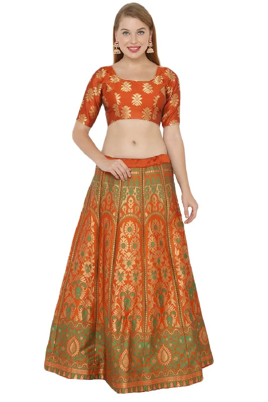 Art Silk Foil Print Lehenga Choli Dress Material In Orange And Green
