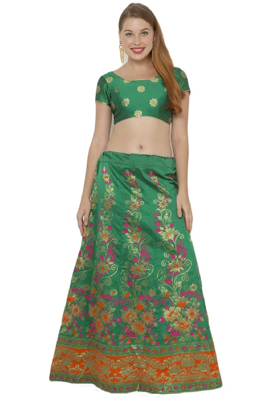 Art Silk Foil Print Lehenga Choli Dress Material In Green And Orange