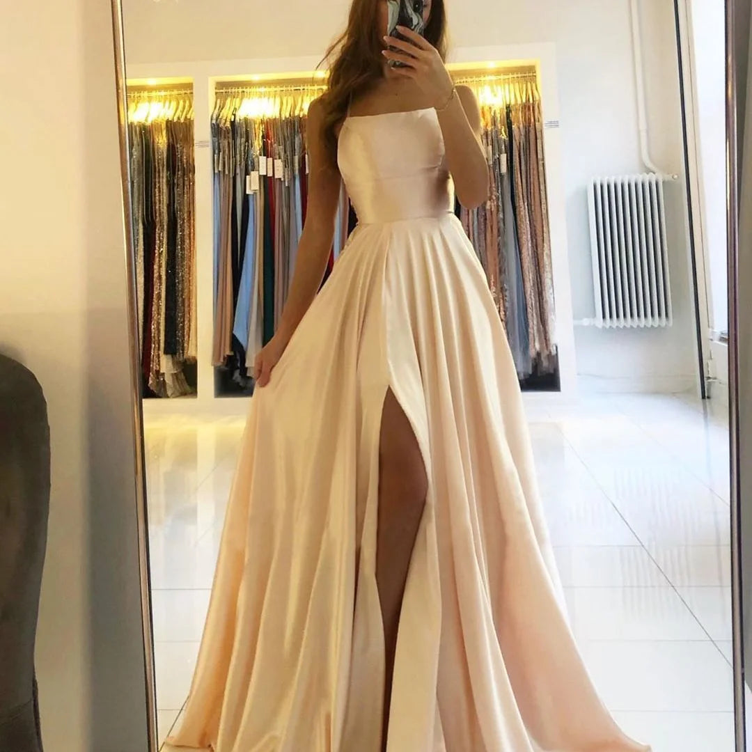 Women Mint Prom Dress 2023 Spaghetti Strap Satin Slit Side Dress A-line Stretch Satin High Split Long Simple Evening Party Gowns Women Mint Prom Dress 2023 Spaghetti Strap Satin Slit Side Dress A-line Stretch Satin High Split Long Simple Evening Party Gowns