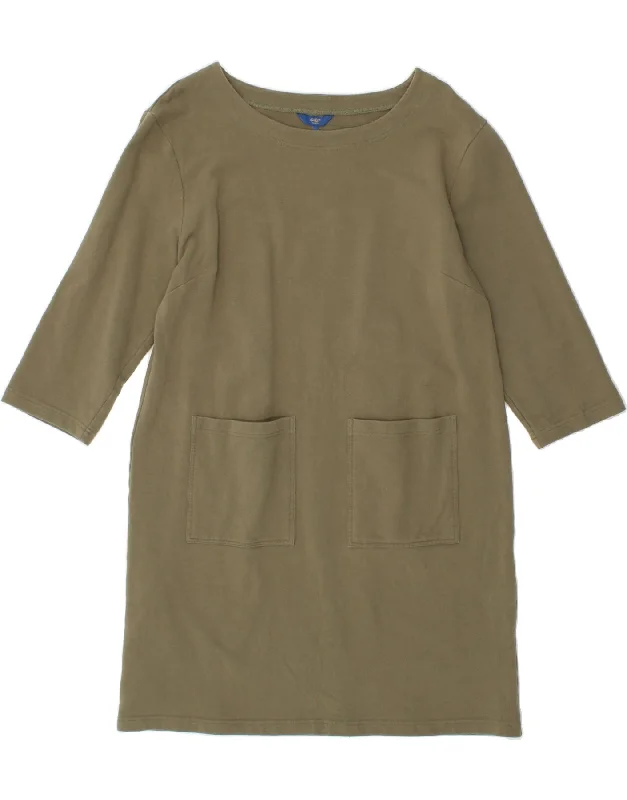 COTTON TRADERS Womens 3/4 Sleeve Jumper Dress UK 16 Large Khaki Cotton