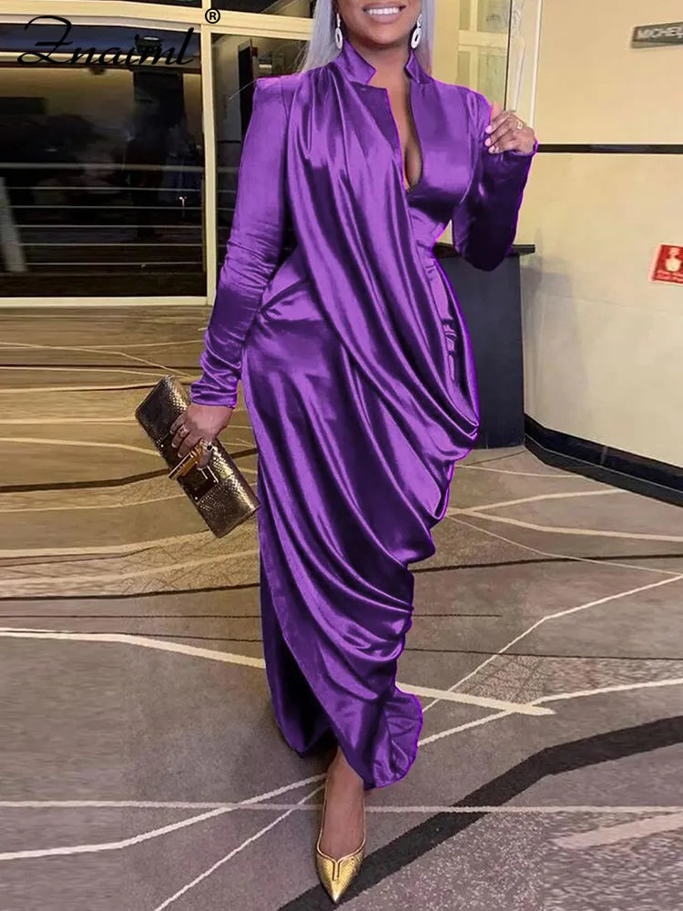 Znaiml Elegant Solid Satin Ruched Long Sleeve Bodycon Maxi Red Dress for Women Evening Party Nightclub Celebrity Formal Vestidos Znaiml Elegant Solid Satin Ruched Long Sleeve Bodycon Maxi Red Dress for Women Evening Party Nightclub Celebrity Formal Vestidos