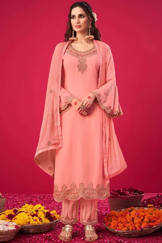 Faux Georgette Embroidered Suit Set Dress Material In Peach