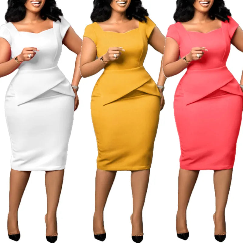 Women Dress 2023 for Church Elegant Ladies Summer Office Wear Casual Dress Bodycon Knee Length Solid Color Peplum Pencil Dress Women Dress 2023 for Church Elegant Ladies Summer Office Wear Casual Dress Bodycon Knee Length Solid Color Peplum Pencil Dress