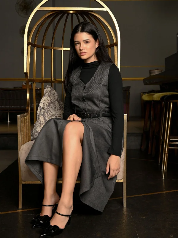 Odette Grey Suiting Fabric And Black Jersey Solid Dress For Women