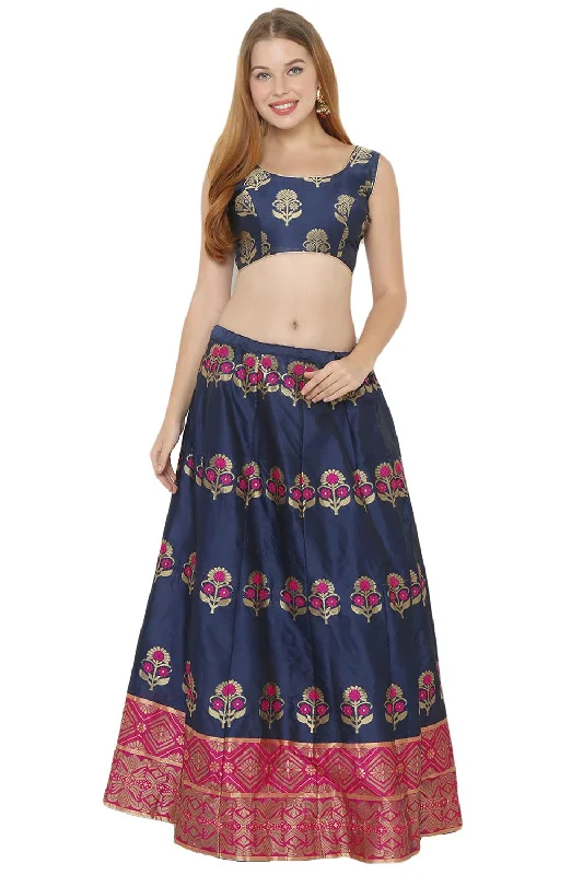 Art Silk Foil Print Lehenga Choli Dress Material In Navy Blue And Pink