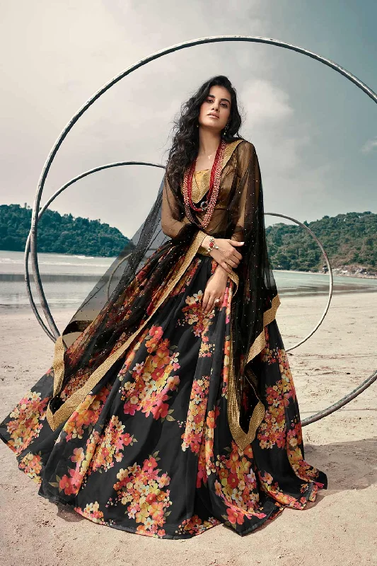 Soft Net Floral Print Lehenga Choli Dress Material In Golden