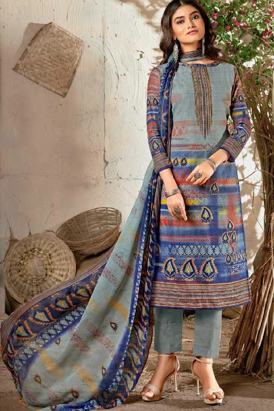 Blended Cotton Abstract Print Suit Set Dress Material In Grey