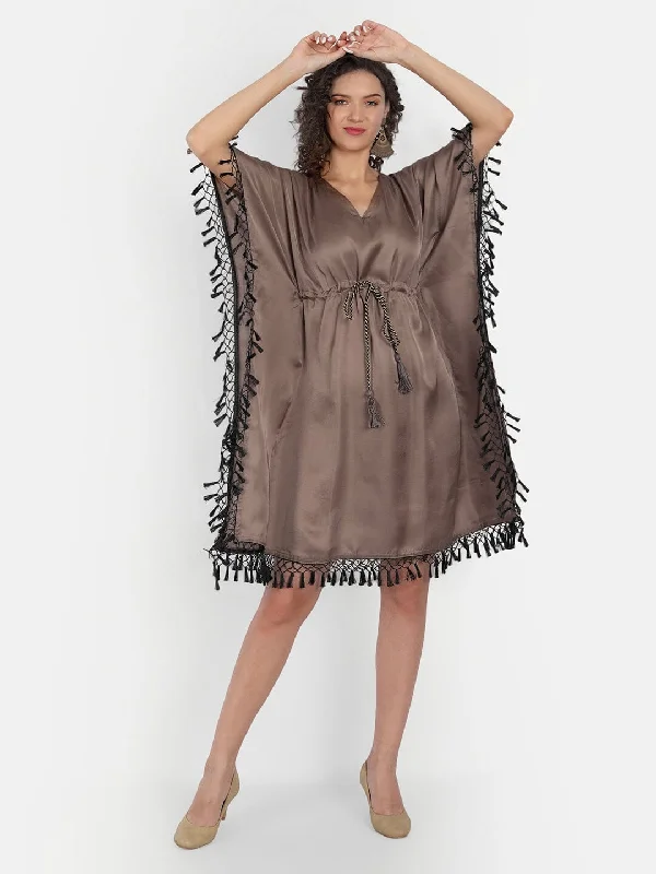 Brown Modal Silk Kaftan Dress with Fringes