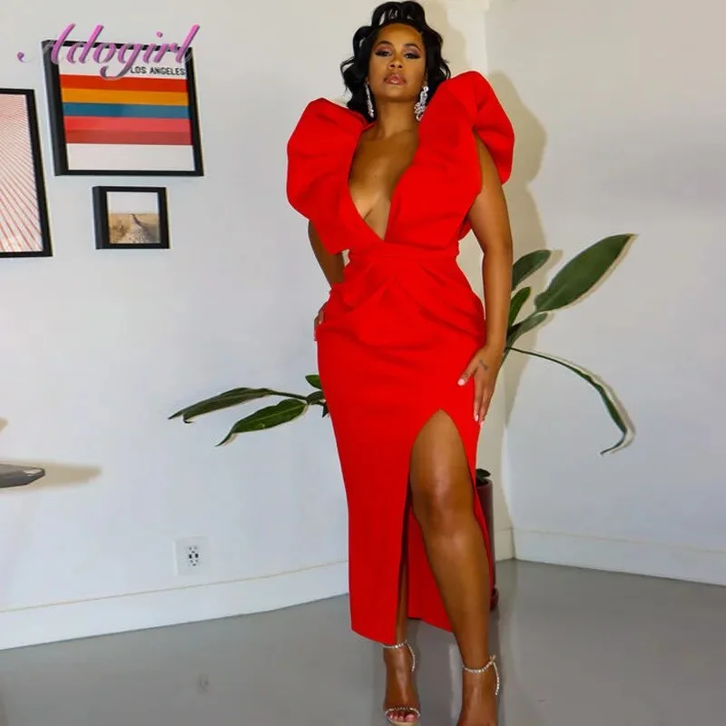 Elegant Ruffles Shoulder Deep V Neck Backless Evening Prom Long Dress Women Outfit Vestidos Sexy High Split Party Club Dresses Elegant Ruffles Shoulder Deep V Neck Backless Evening Prom Long Dress Women Outfit Vestidos Sexy High Split Party Club Dresses