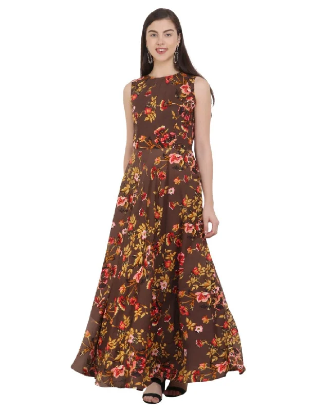 Attractive Cut Sleeve Printed Dress in Brown Colour