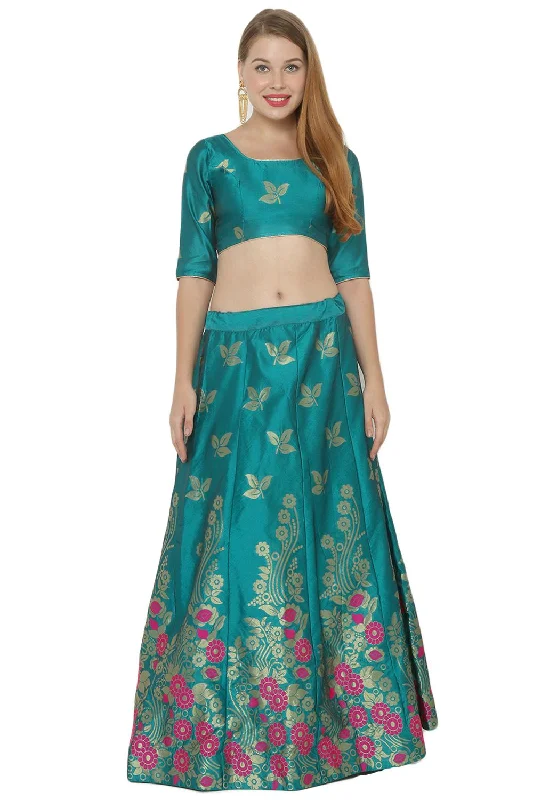 Art Silk Foil Print Lehenga Choli Dress Material In Turquoise And Pink