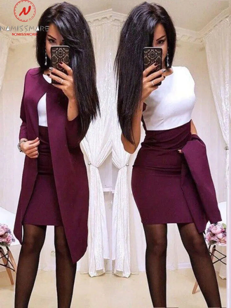 Elegant Women Set for Office Lady Pure Color Patchwork Design Casual O-Collar Slim Autumn/Winter Women Dress 2 Piece Set Elegant Women Set for Office Lady Pure Color Patchwork Design Casual O-Collar Slim Autumn/Winter Women Dress 2 Piece Set