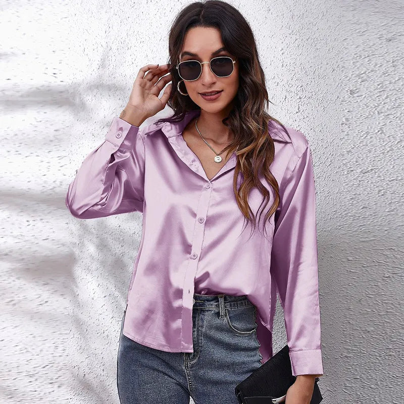 Women Satin Shirt 2023 Summer Silk Office Work Button Lapel Long Sleeve White Shirt Formal Dress Retro Casual Loose Solid Color Women Satin Shirt 2023 Summer Silk Office Work Button Lapel Long Sleeve White Shirt Formal Dress Retro Casual Loose Solid Color