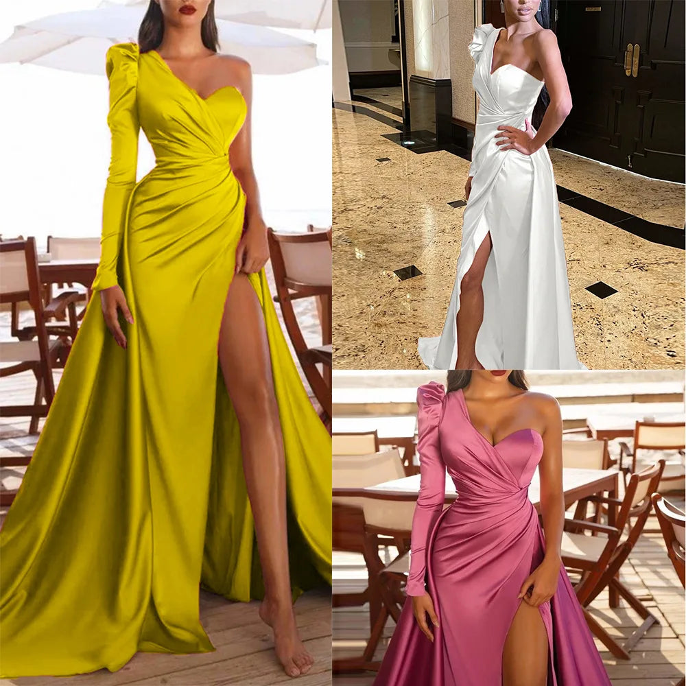 Simple Rose Pink Mermaid Side Split Prom Dresses African Saudi Arabia Train One Shoulder Long Sleeves Evening Gown Satin Pleated Simple Rose Pink Mermaid Side Split Prom Dresses African Saudi Arabia Train One Shoulder Long Sleeves Evening Gown Satin Pleated
