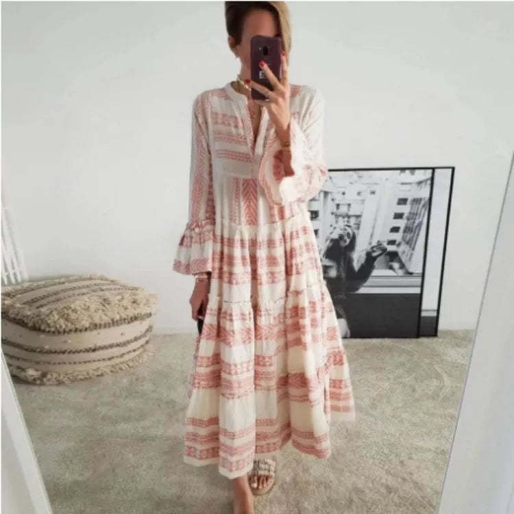 Fashion Geometric Print Dress Women Flare Sleeve V-neck Dress for Beach Vacation Casual Loose Ladies Ruffles Flared A-Line Dress Fashion Geometric Print Dress Women Flare Sleeve V-neck Dress for Beach Vacation Casual Loose Ladies Ruffles Flared A-Line Dress