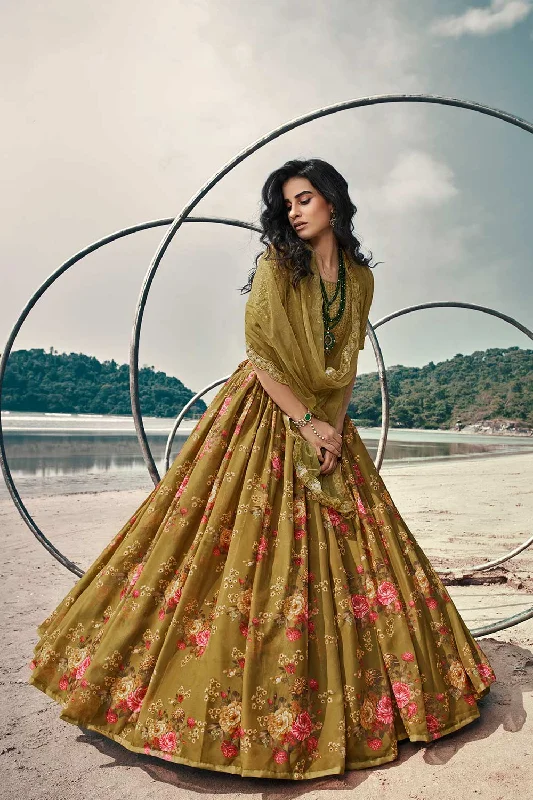 Soft Net Floral Print Lehenga Choli Dress Material In Olive Green