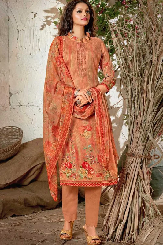 Blended Cotton Floral Print Suit Set Dress Material In Peach