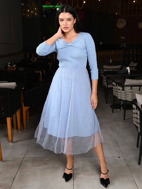 Odette Blue Rib and Net Patterned Dress For Women