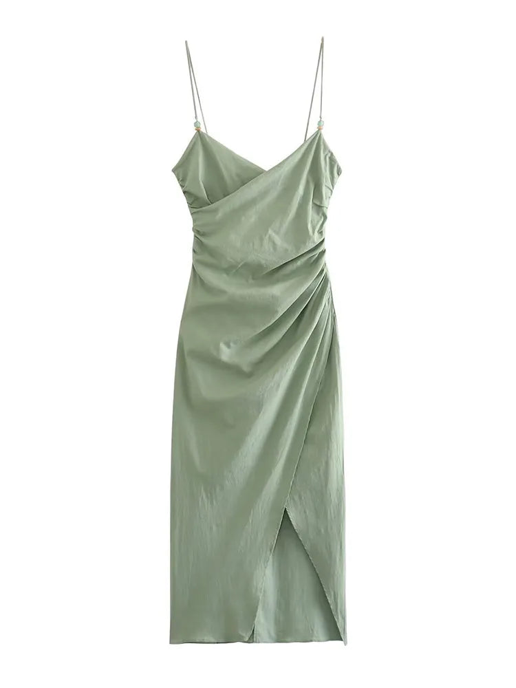 TRAF European and American style pleated decorative flute dress fashion women's elegant halter long dress sexy women's clothing