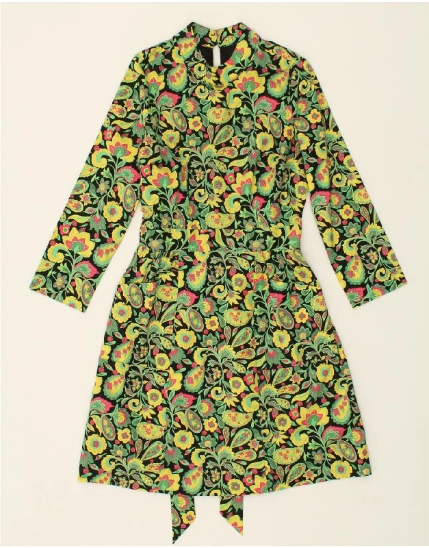 VINTAGE Womens Long Sleeve A-Line Dress UK 10 Small Green Floral Cotton