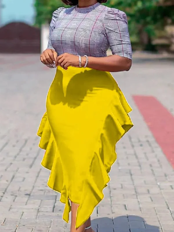 Women Dress Plaid Patchwork Ruffles Classy Female High Waist Elegant Office Lady Date Out Spring Summer Fashion Package Hip Slim Women Dress Plaid Patchwork Ruffles Classy Female High Waist Elegant Office Lady Date Out Spring Summer Fashion Package Hip Slim